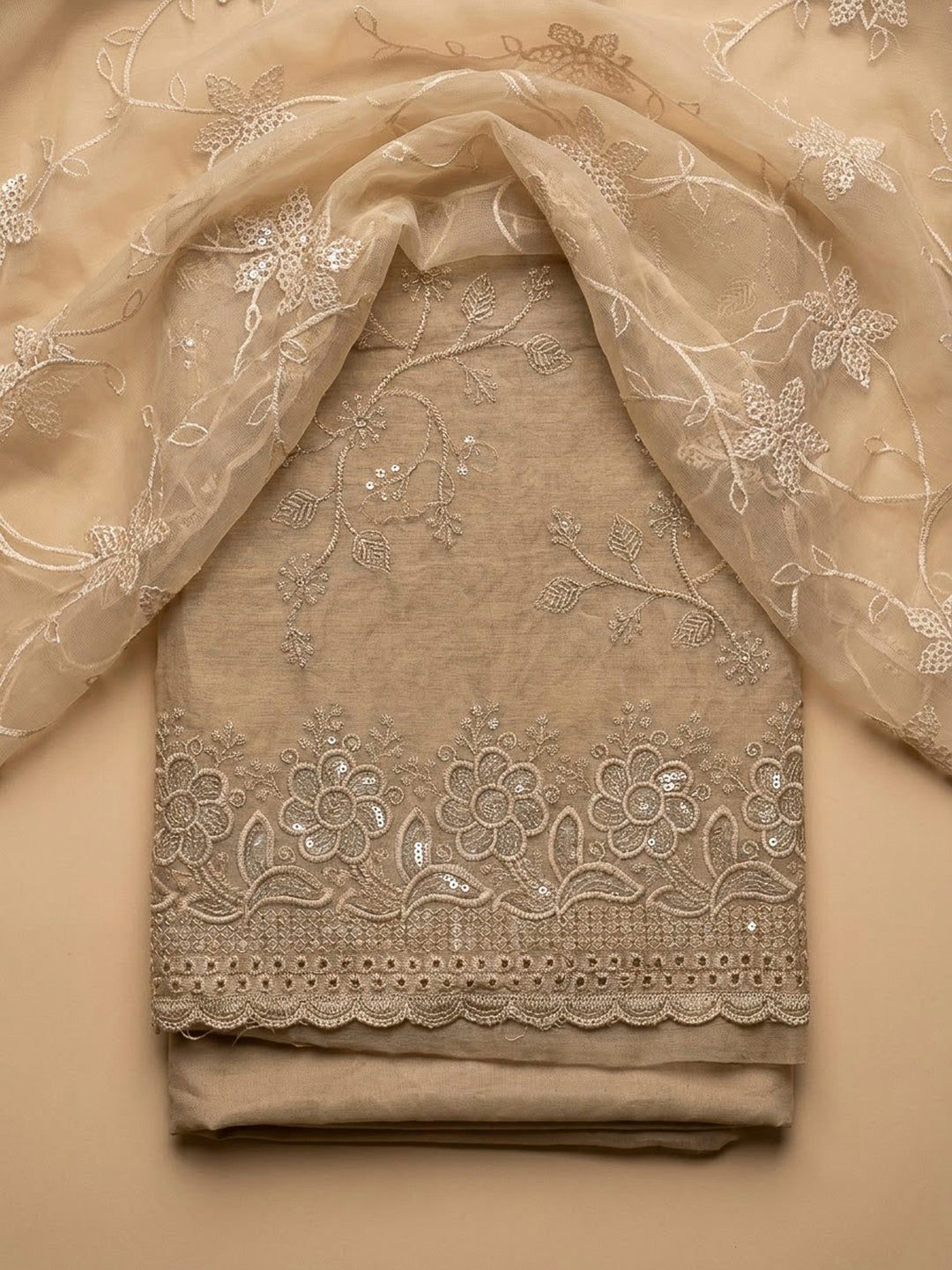 Beige Chanderi Embroidered Unstitched Dress Material
