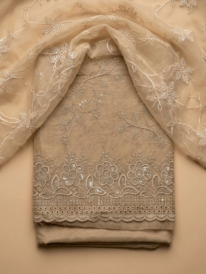 Beige Chanderi Embroidered Unstitched Dress Material