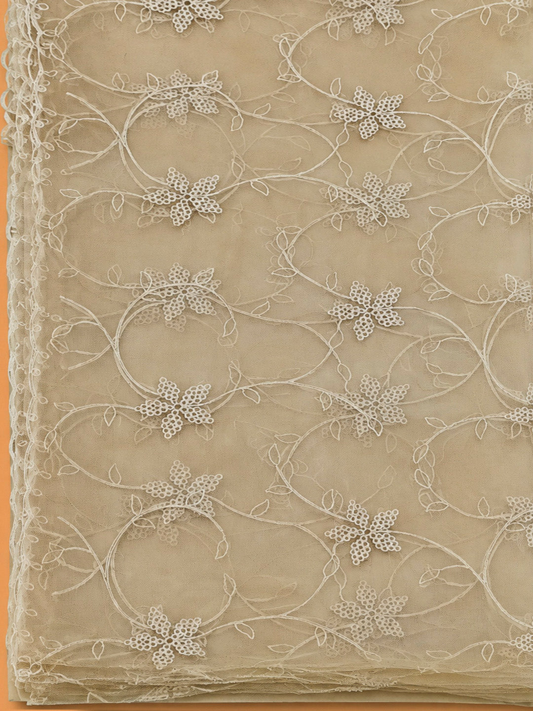 Beige Chanderi Embroidered Unstitched Dress Material