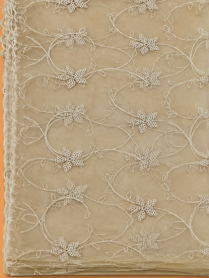 Beige Chanderi Embroidered Unstitched Dress Material