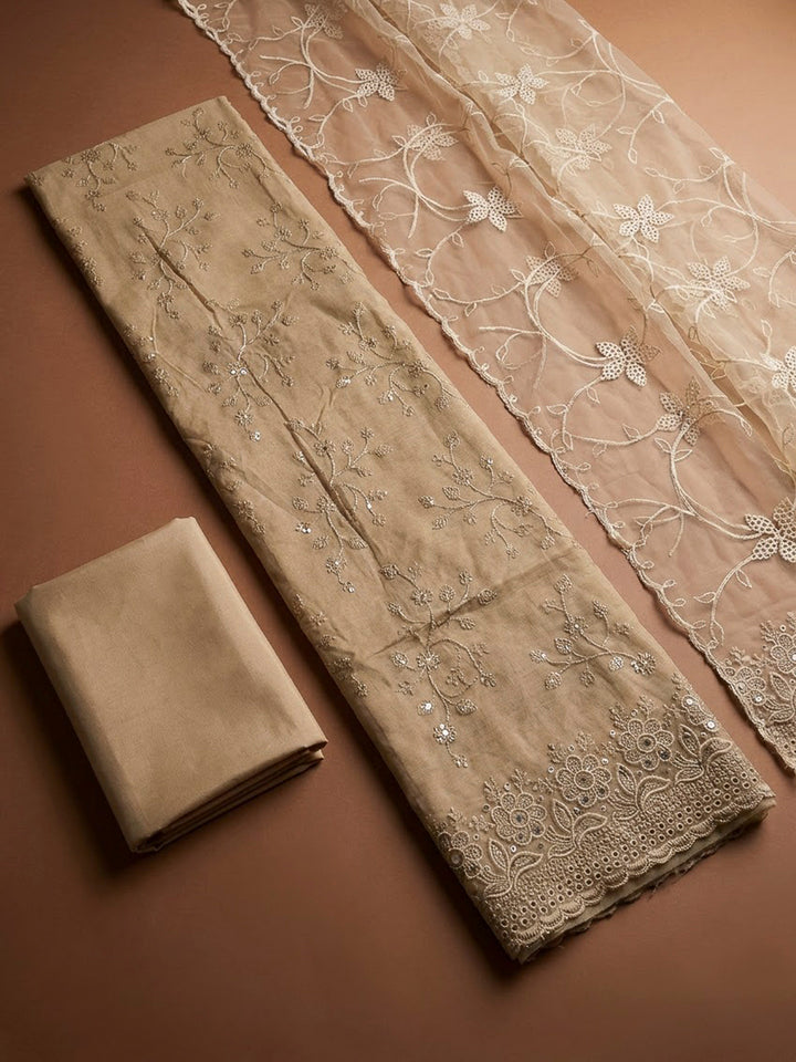 Beige Chanderi Embroidered Unstitched Dress Material