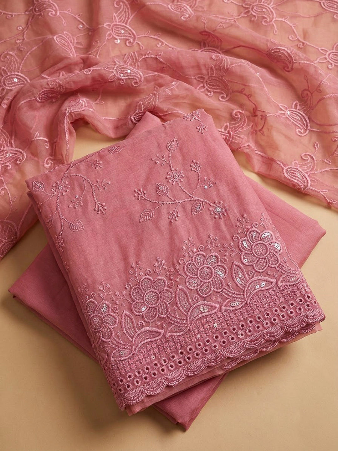 Pink Chanderi Embroidered Unstitched Dress Material