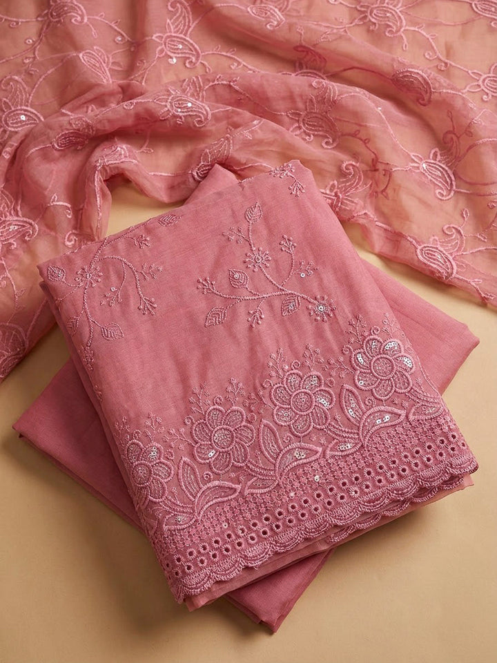 Pink Chanderi Embroidered Unstitched Dress Material