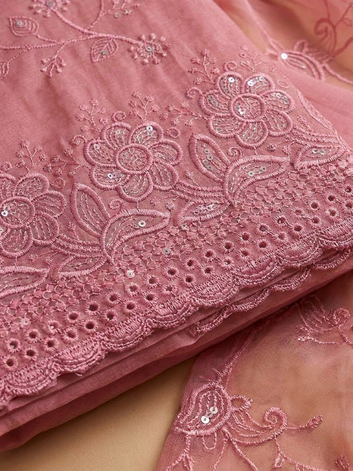 Pink Chanderi Embroidered Unstitched Dress Material