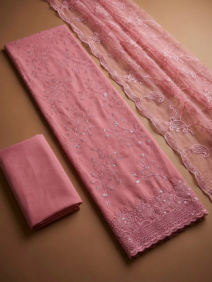 Pink Chanderi Embroidered Unstitched Dress Material