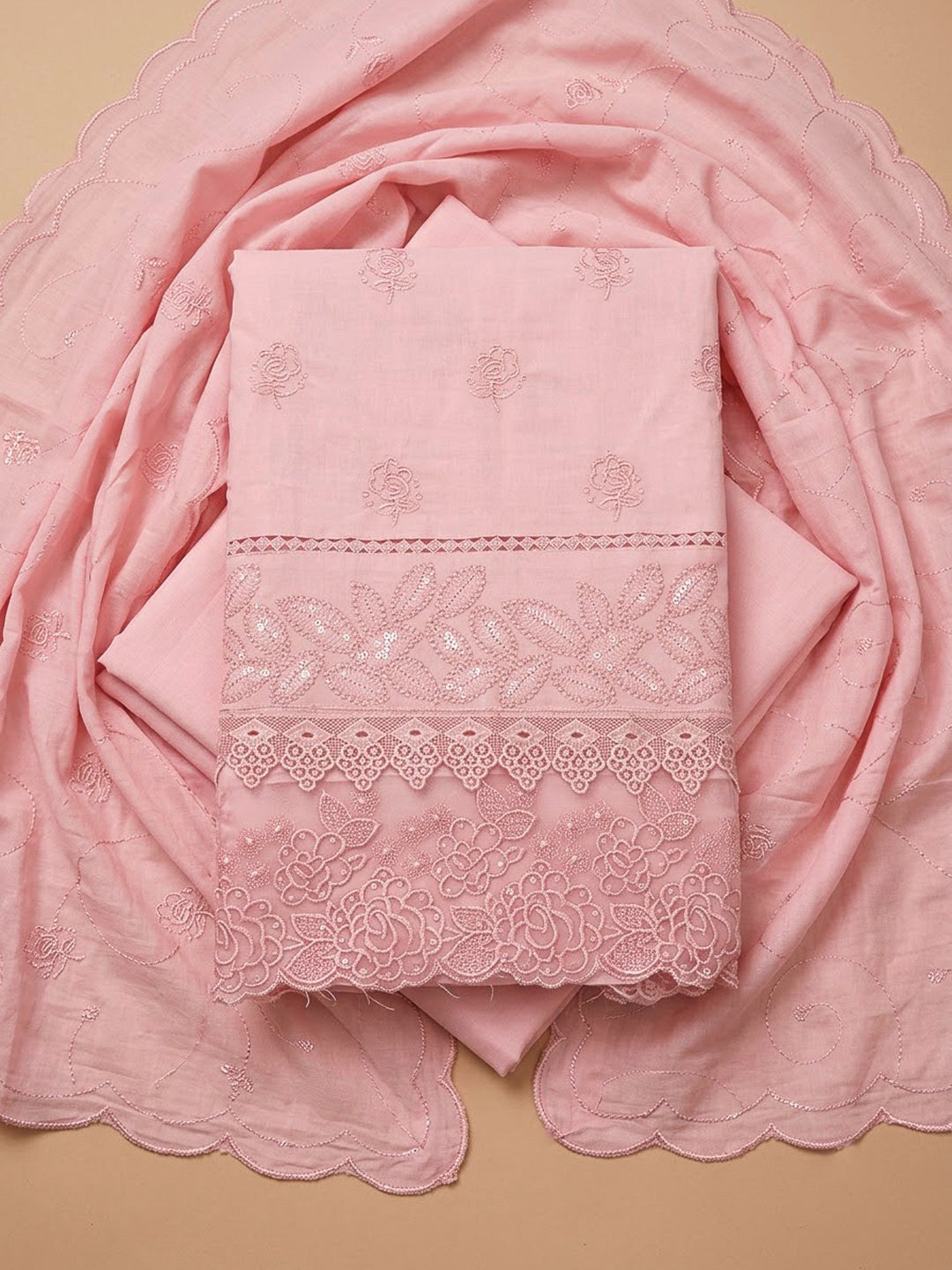 Peach Cotton Blend Embroidered Unstitched Dress Material