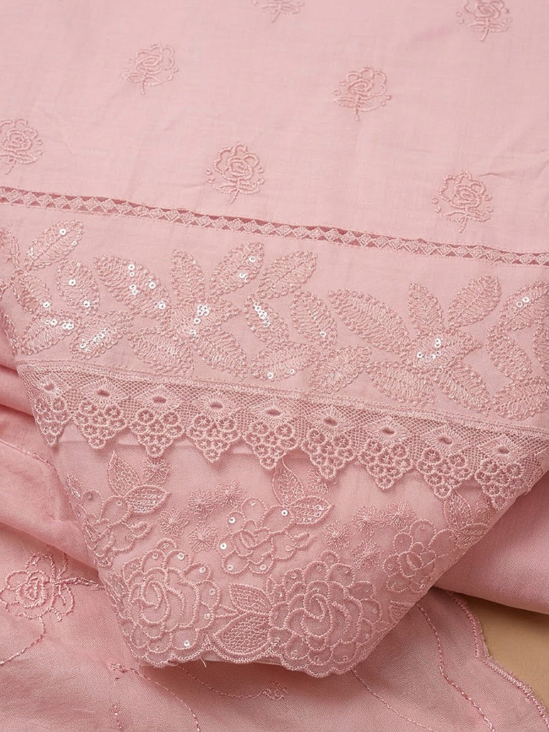 Peach Cotton Blend Embroidered Unstitched Dress Material