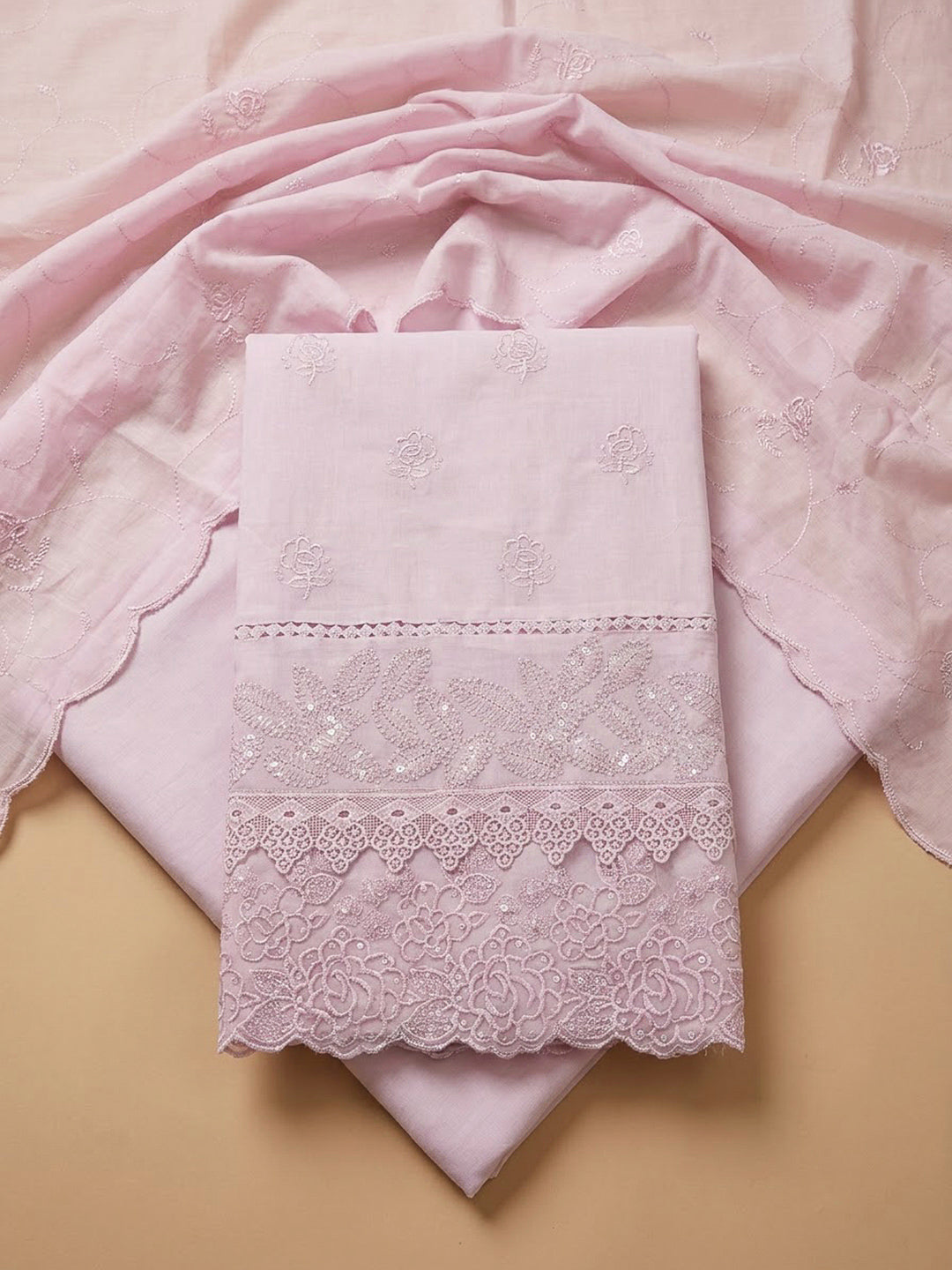 Pink Cotton Blend Embroidered Unstitched Dress Material