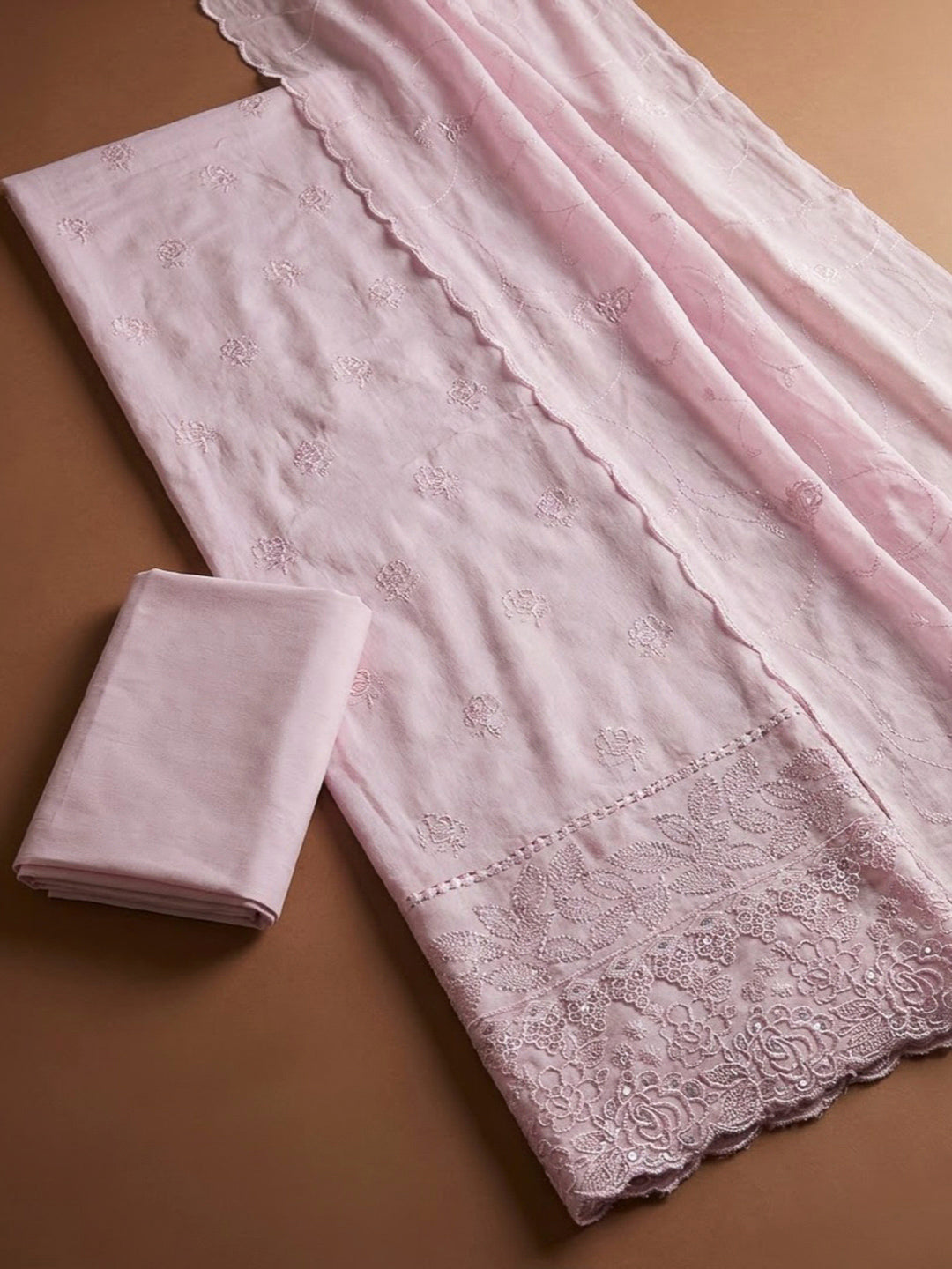 Pink Cotton Blend Embroidered Unstitched Dress Material