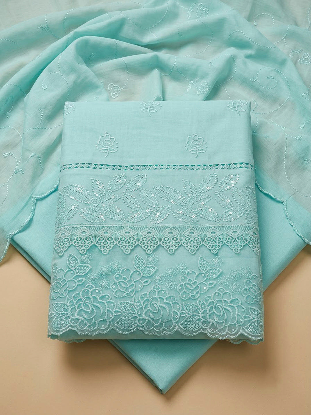 Sky Blue Cotton Blend Embroidered Unstitched Dress Material