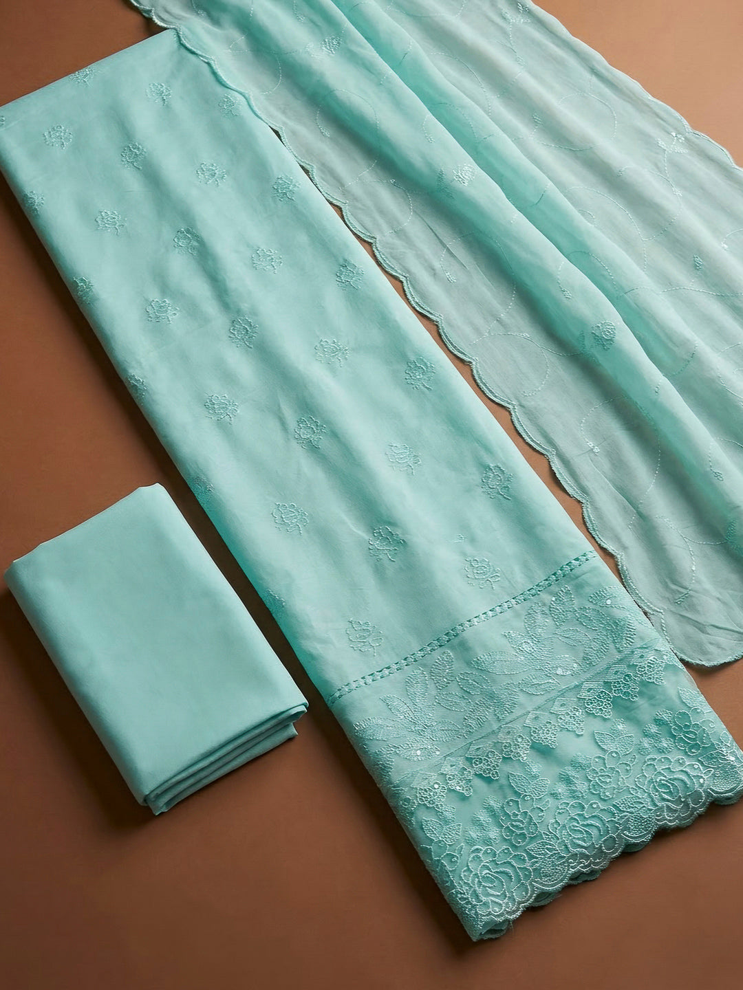 Sky Blue Cotton Blend Embroidered Unstitched Dress Material