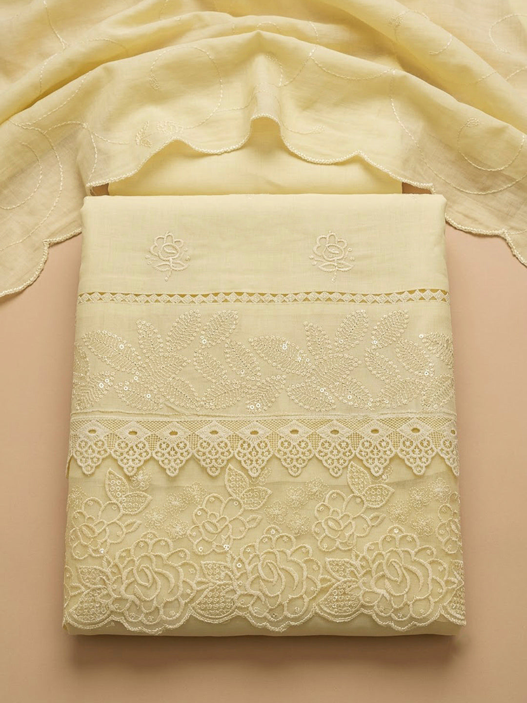 Yellow Cotton Blend Embroidered Unstitched Dress Material