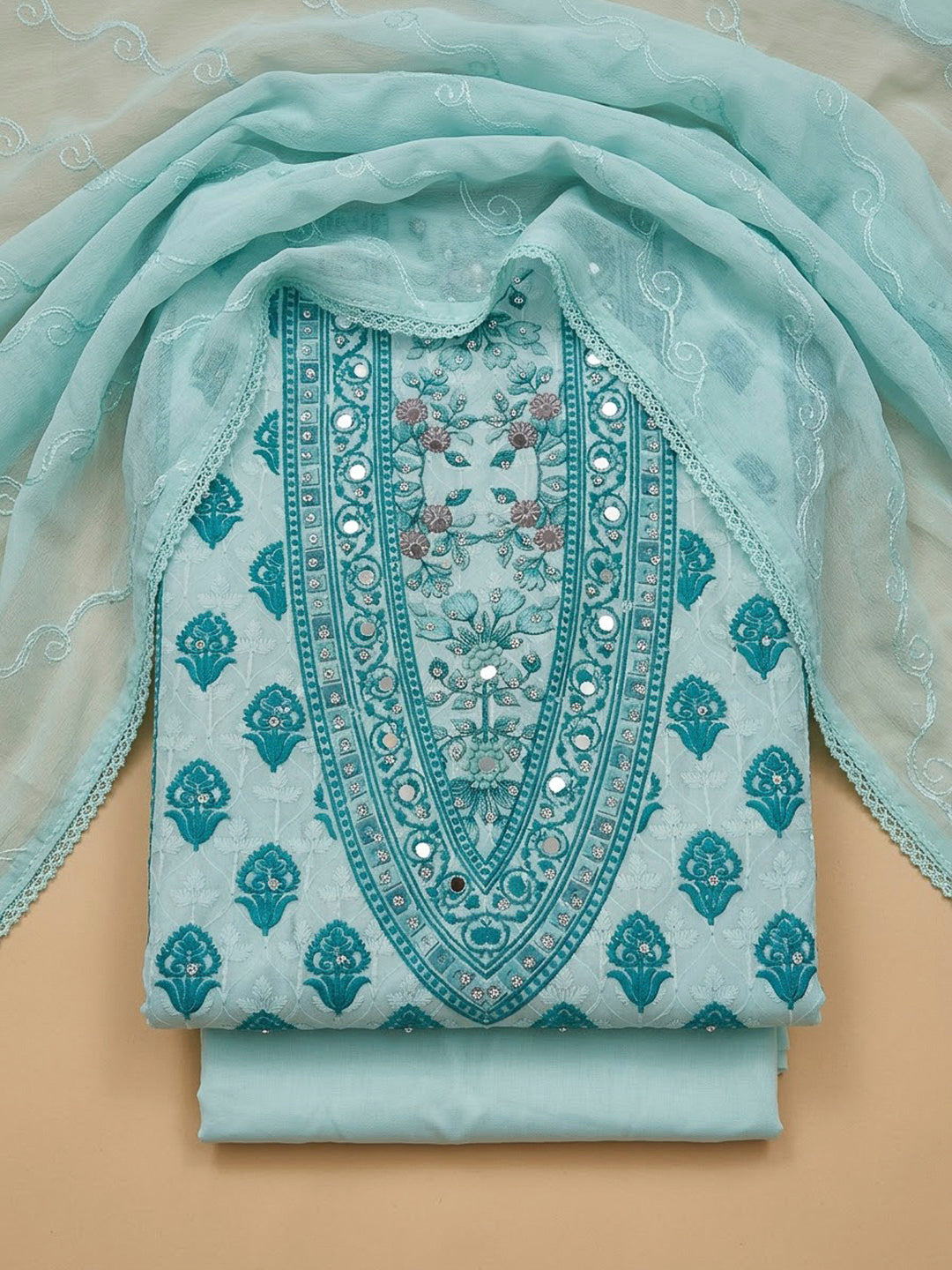 Blue Cotton Blend Printed Unstitched Dress Material