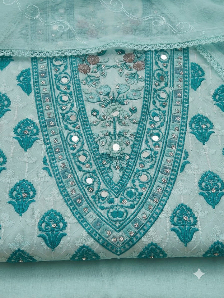 Blue Cotton Blend Printed Unstitched Dress Material