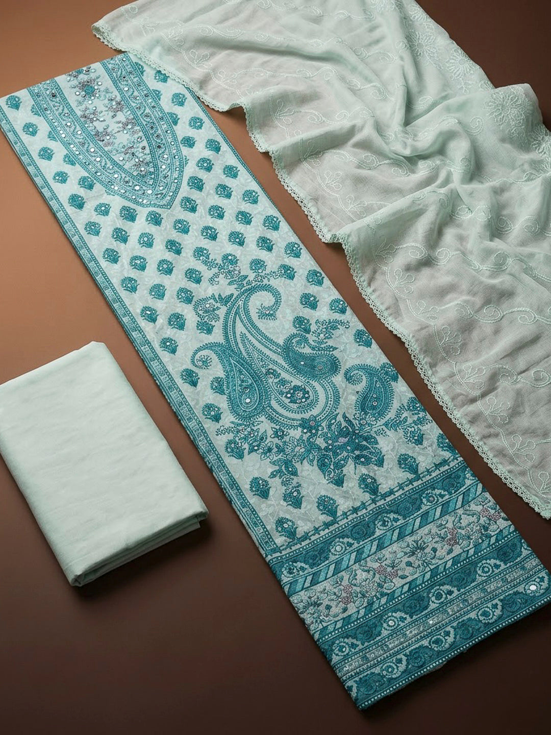Blue Cotton Blend Printed Unstitched Dress Material