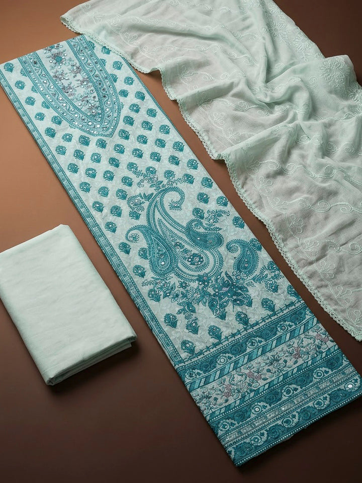 Blue Cotton Blend Printed Unstitched Dress Material