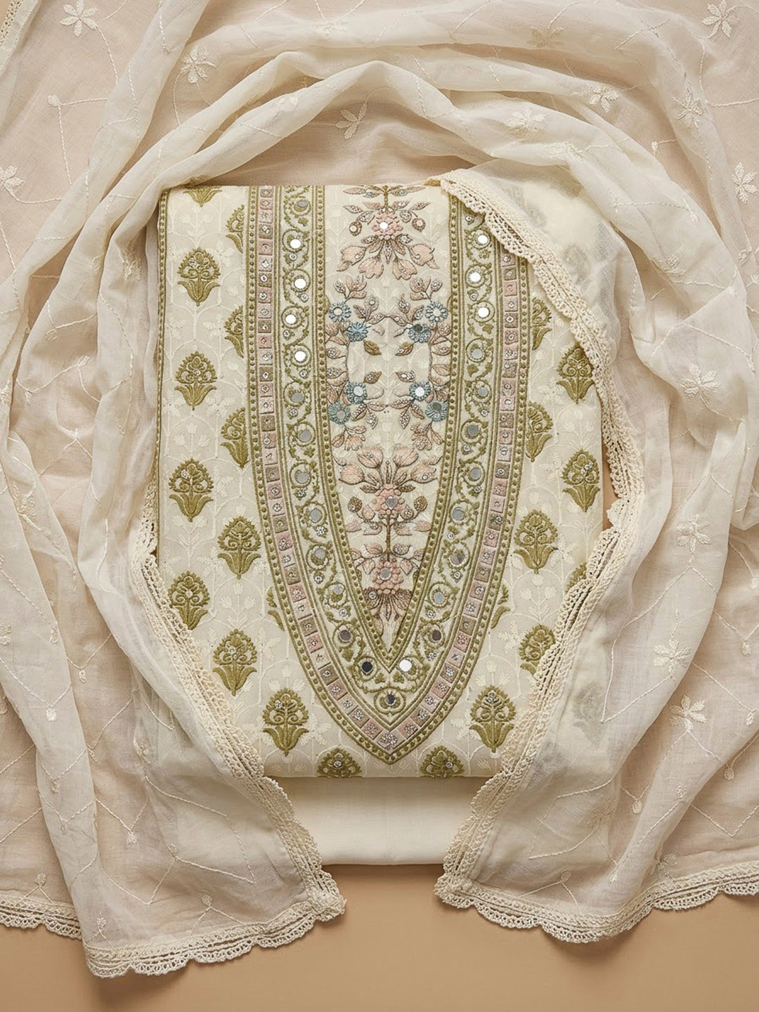 Off White Cotton Blend Printed Unstitched Dress Material