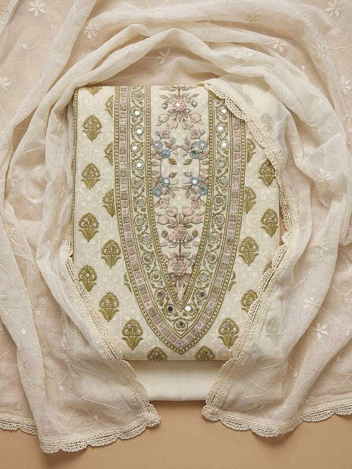 Off White Cotton Blend Printed Unstitched Dress Material