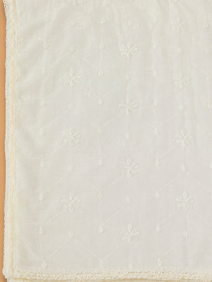 Off White Cotton Blend Printed Unstitched Dress Material