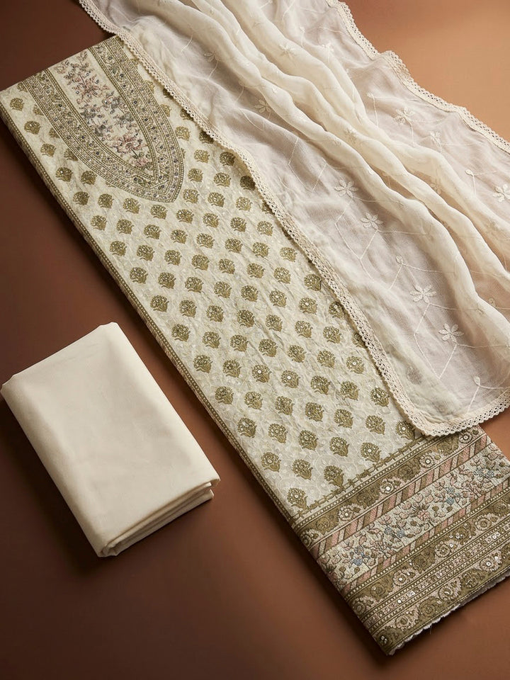 Off White Cotton Blend Printed Unstitched Dress Material