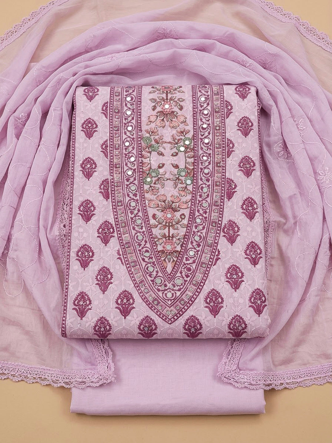 Onion Pink Cotton Blend Printed Unstitched Dress Material