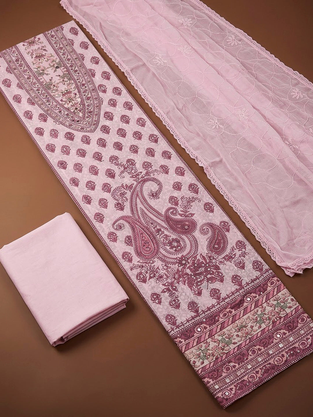 Onion Pink Cotton Blend Printed Unstitched Dress Material