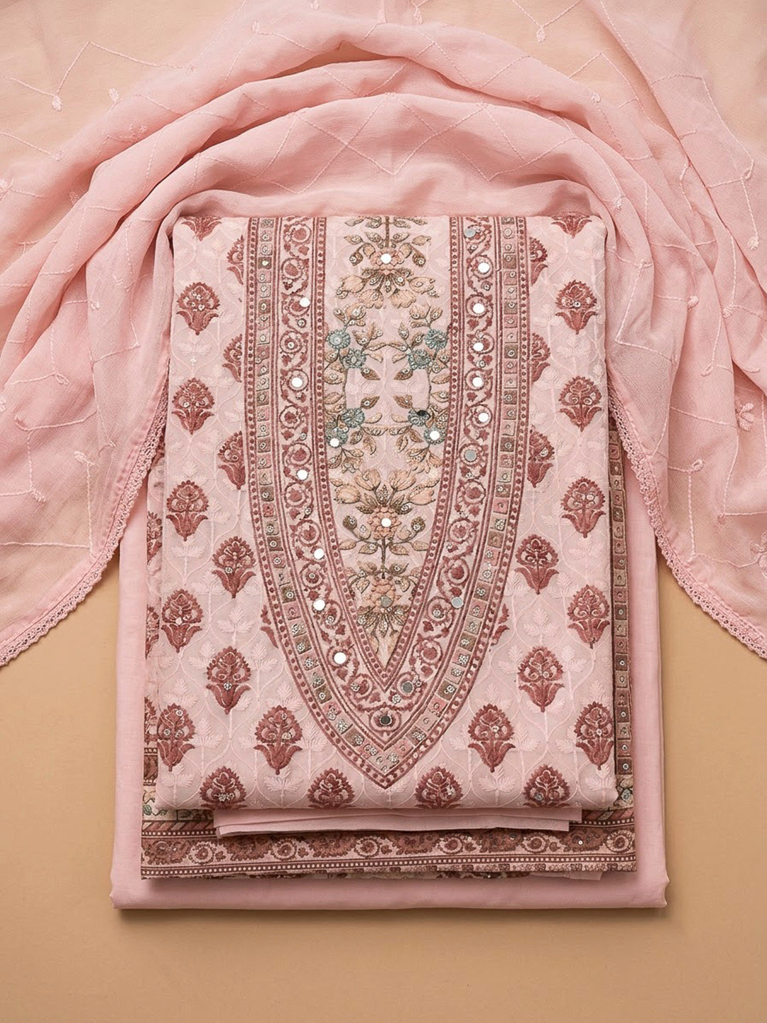 Peach Cotton Blend Printed Unstitched Dress Material