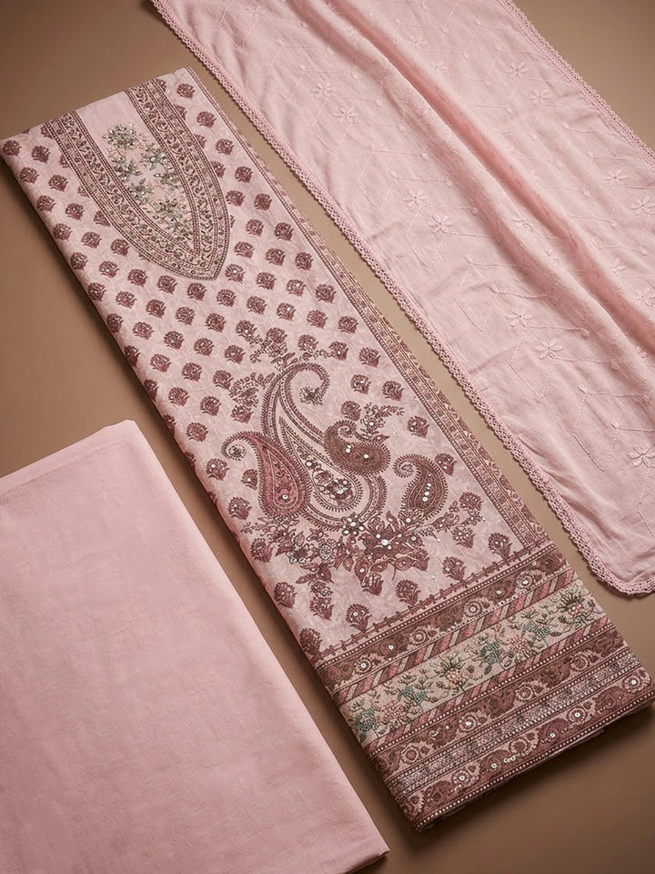 Peach Cotton Blend Printed Unstitched Dress Material