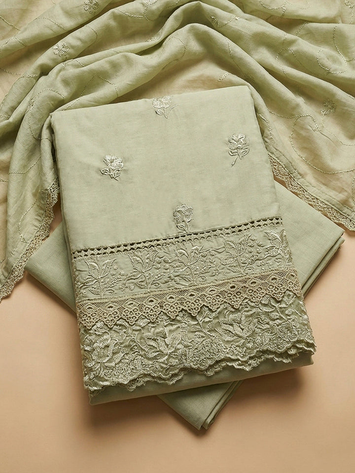 Pista Green Embroidery Cotton Blend Unstitched Dress Material