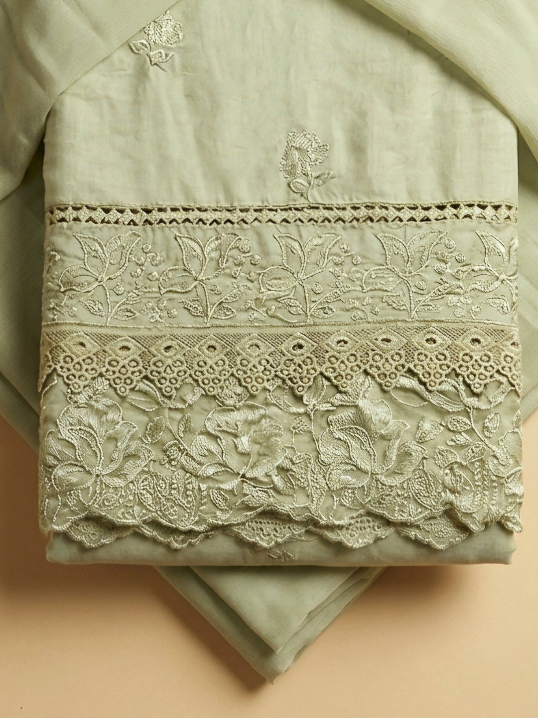 Pista Green Embroidery Cotton Blend Unstitched Dress Material