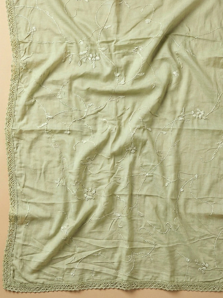 Pista Green Embroidery Cotton Blend Unstitched Dress Material