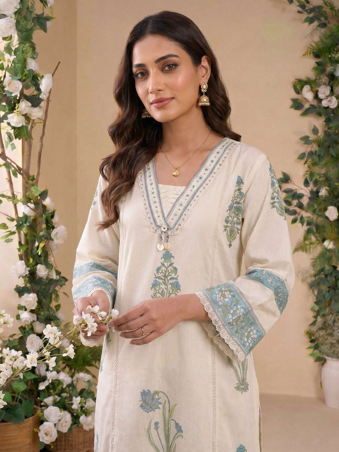 Cream Blue Printed Cotton Blend Suit Set