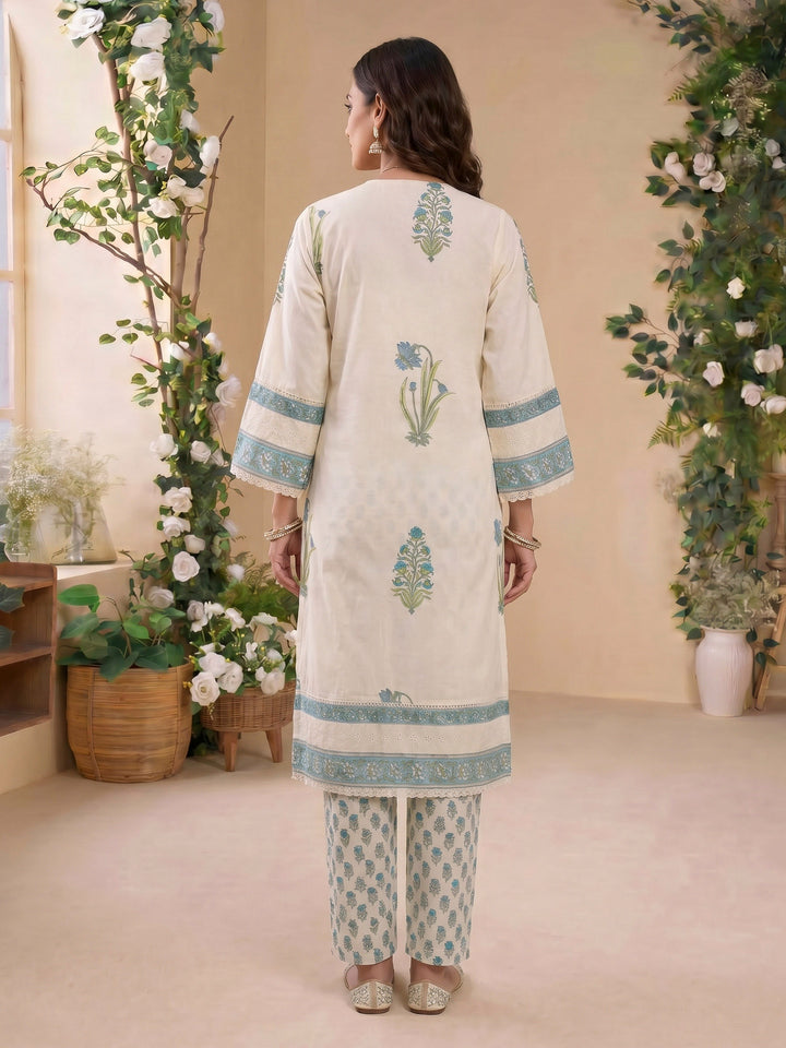 Cream Blue Printed Cotton Blend Suit Set