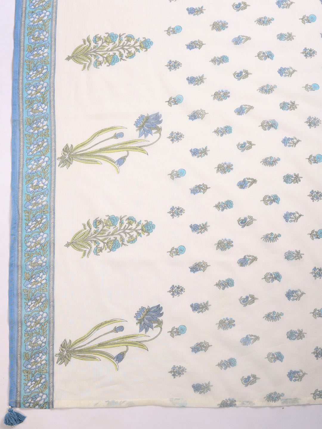 Cream Blue Printed Cotton Blend Suit Set