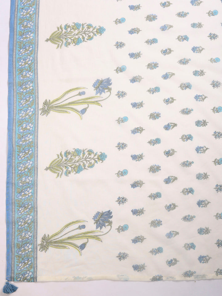 Cream Blue Printed Cotton Blend Suit Set