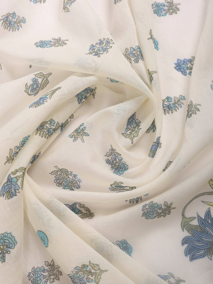 Cream Blue Printed Cotton Blend Suit Set