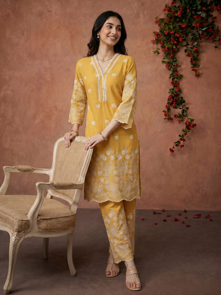 Mustard Embroidered Cotton Blend Kurta Set
