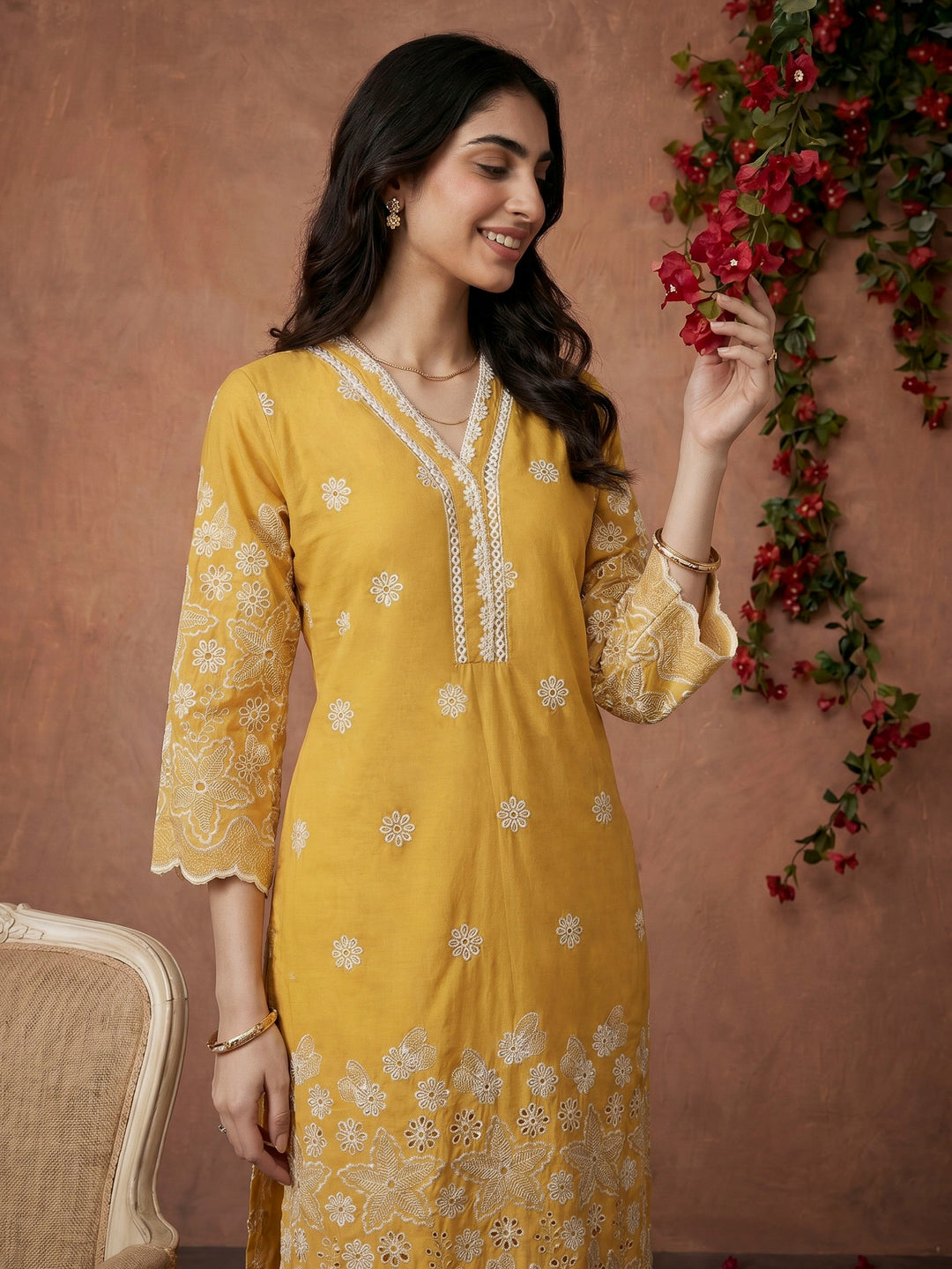 Mustard Embroidered Cotton Blend Kurta Set