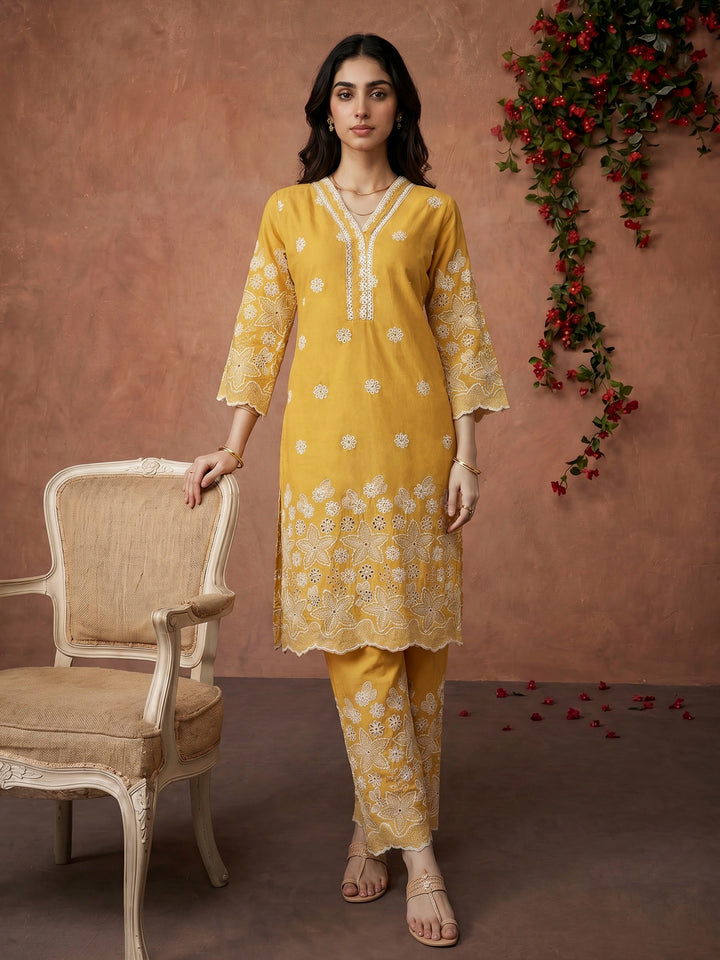 Mustard Embroidered Cotton Blend Kurta Set