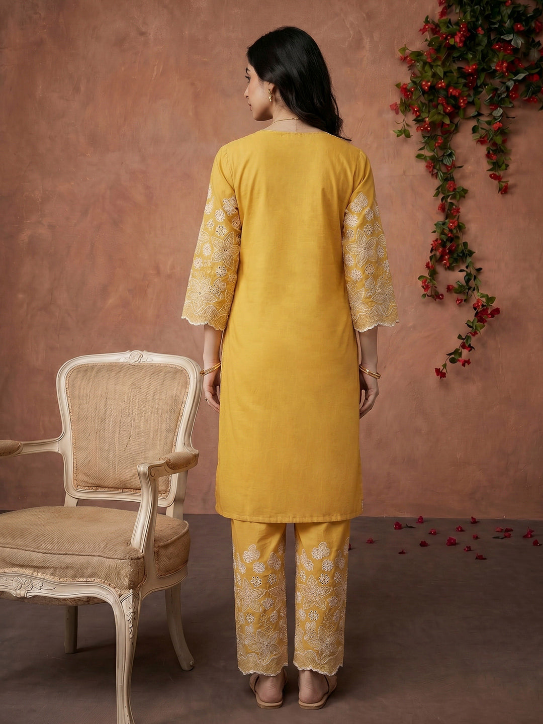 Mustard Embroidered Cotton Blend Kurta Set