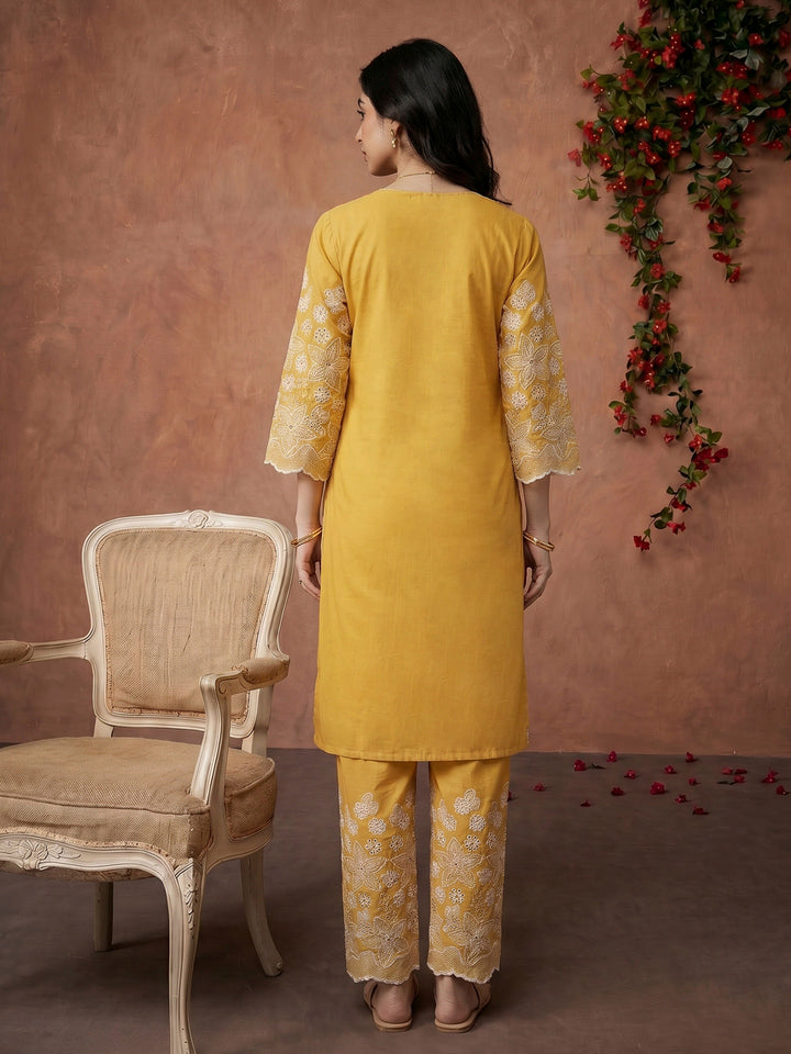 Mustard Embroidered Cotton Blend Kurta Set