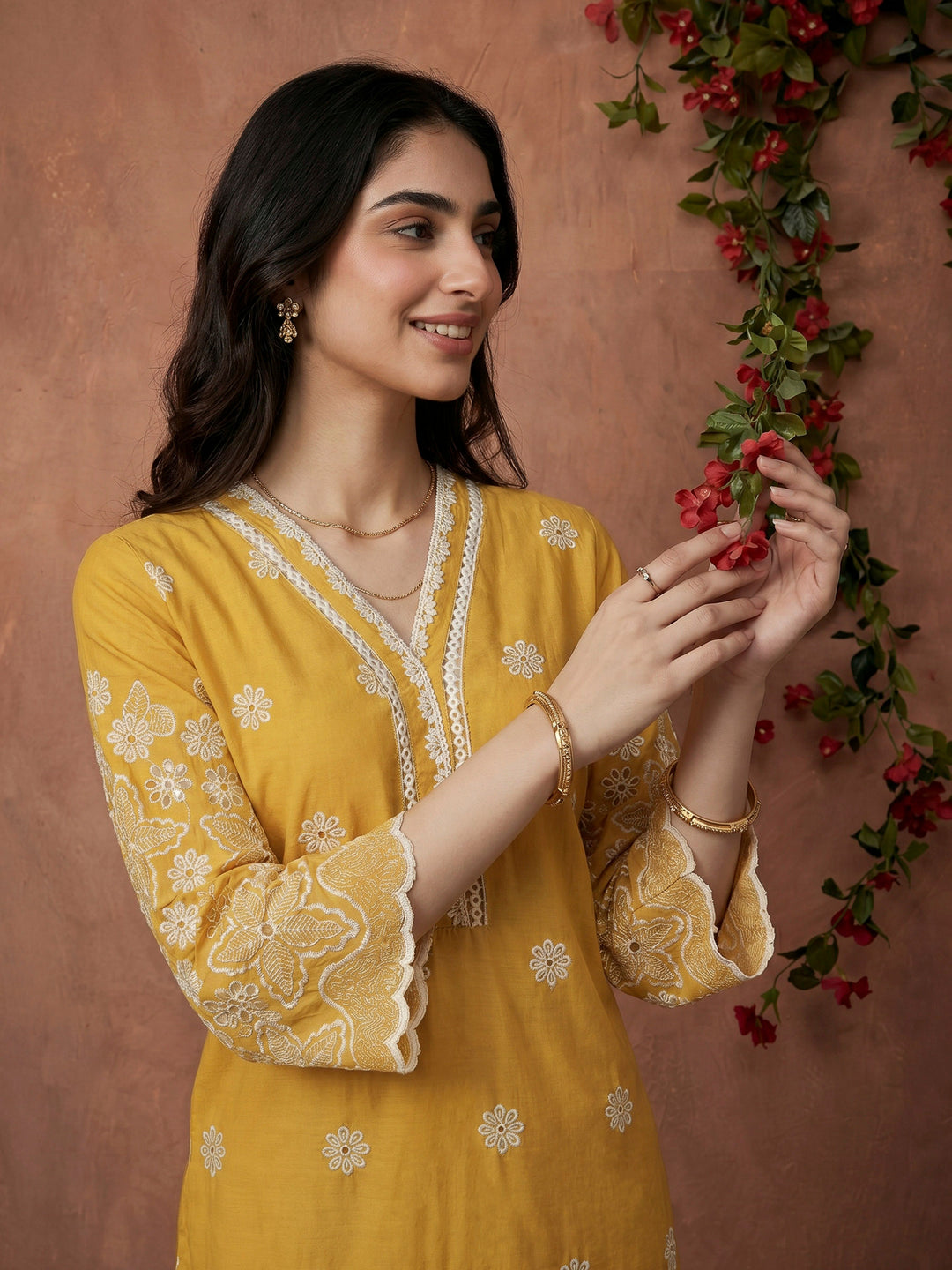 Mustard Embroidered Cotton Blend Kurta Set