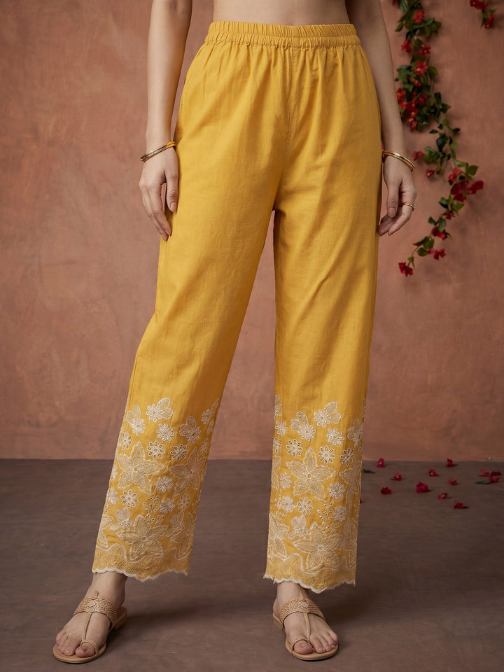 Mustard Embroidered Cotton Blend Kurta Set