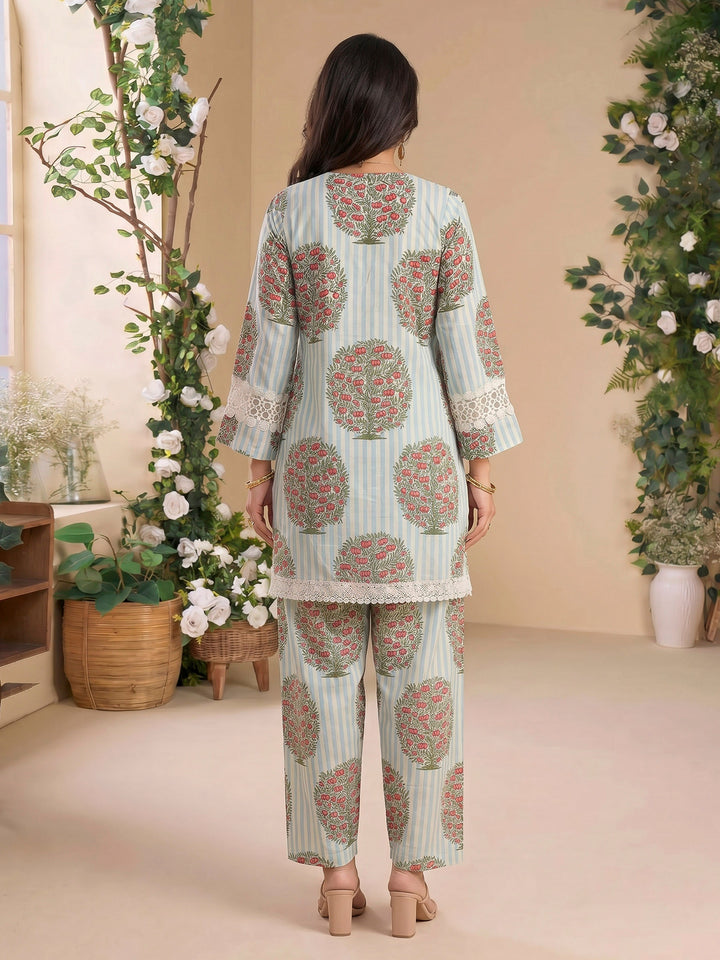 Blue Cream Embroidered Cotton Blend Kurta Set