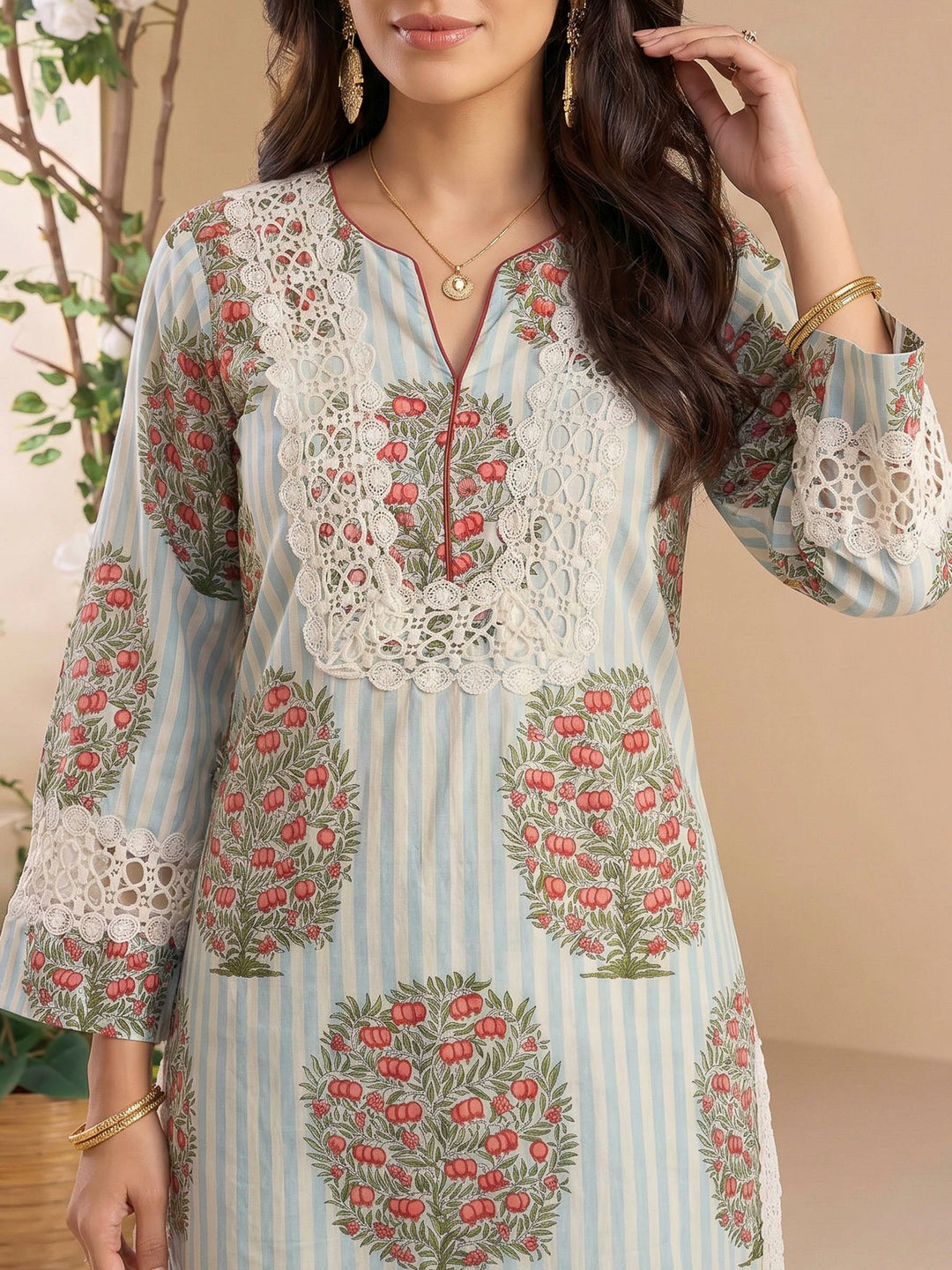 Blue Cream Embroidered Cotton Blend Kurta Set