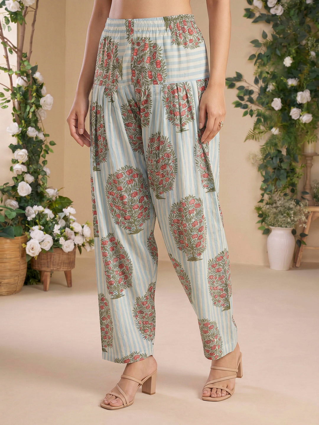 Blue Cream Embroidered Cotton Blend Kurta Set