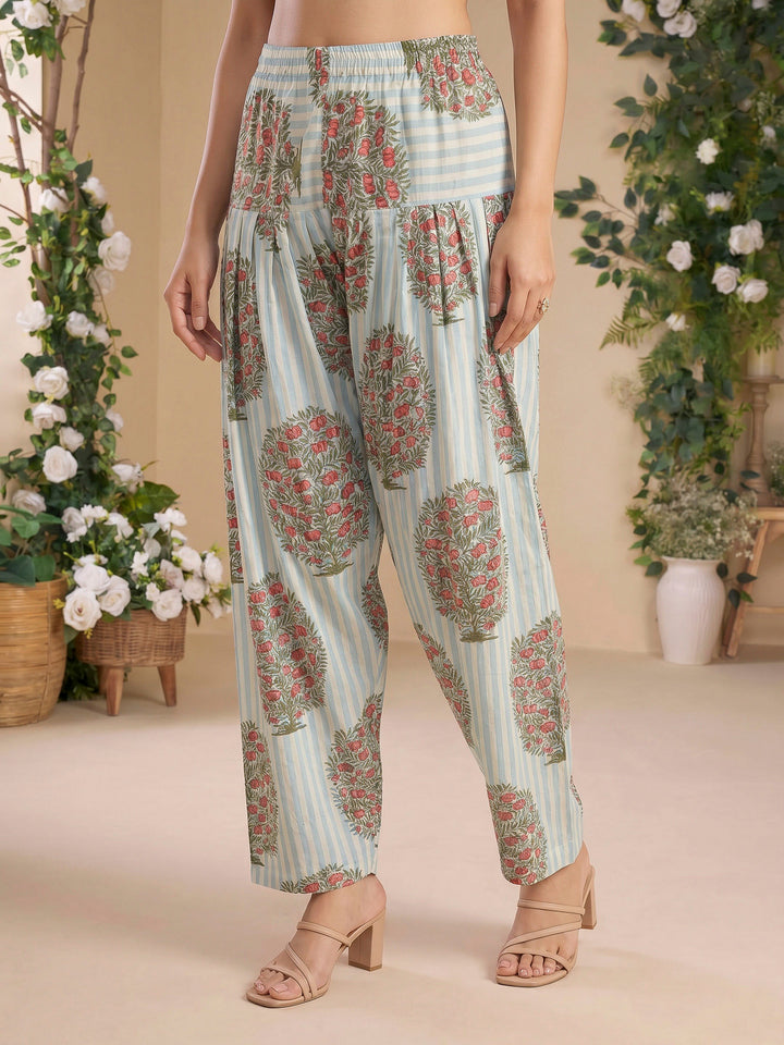 Blue Cream Embroidered Cotton Blend Kurta Set