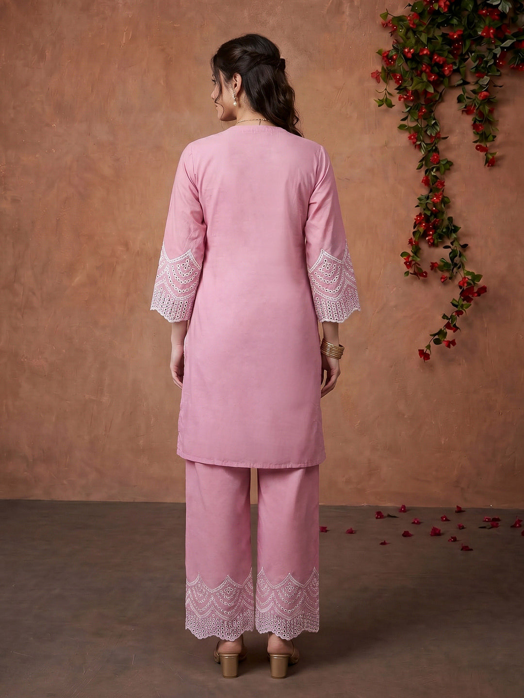 Pink Embroidered Cotton Blend Kurta Set