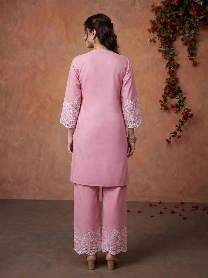 Pink Embroidered Cotton Blend Kurta Set