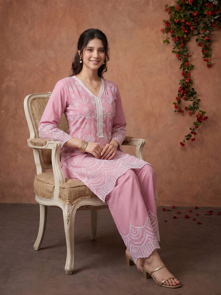 Pink Embroidered Cotton Blend Kurta Set